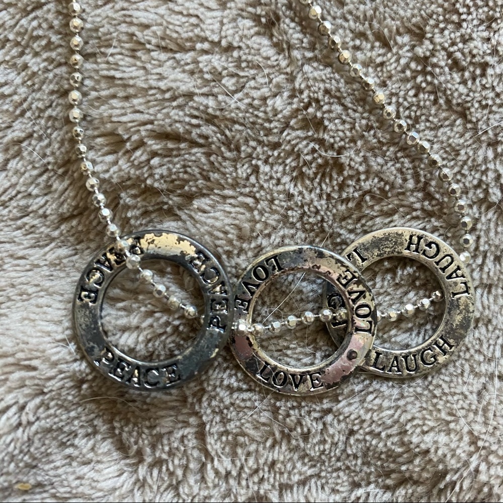 Peace Love Laugh Silver Ring Necklace | Inspirational Quote Jewelry